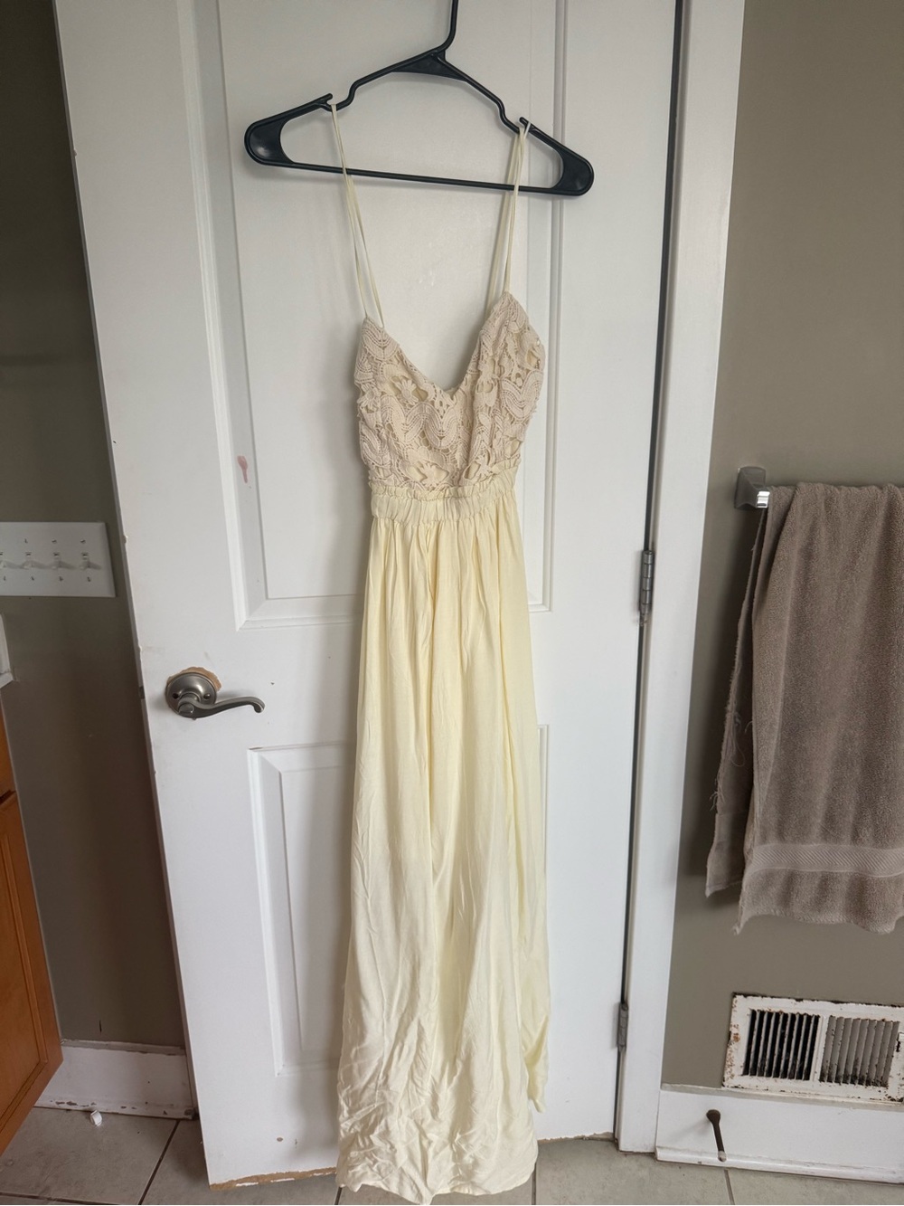 Smocked Lace Bodice Spaghetti Strap Maxi Dress in Light Cream